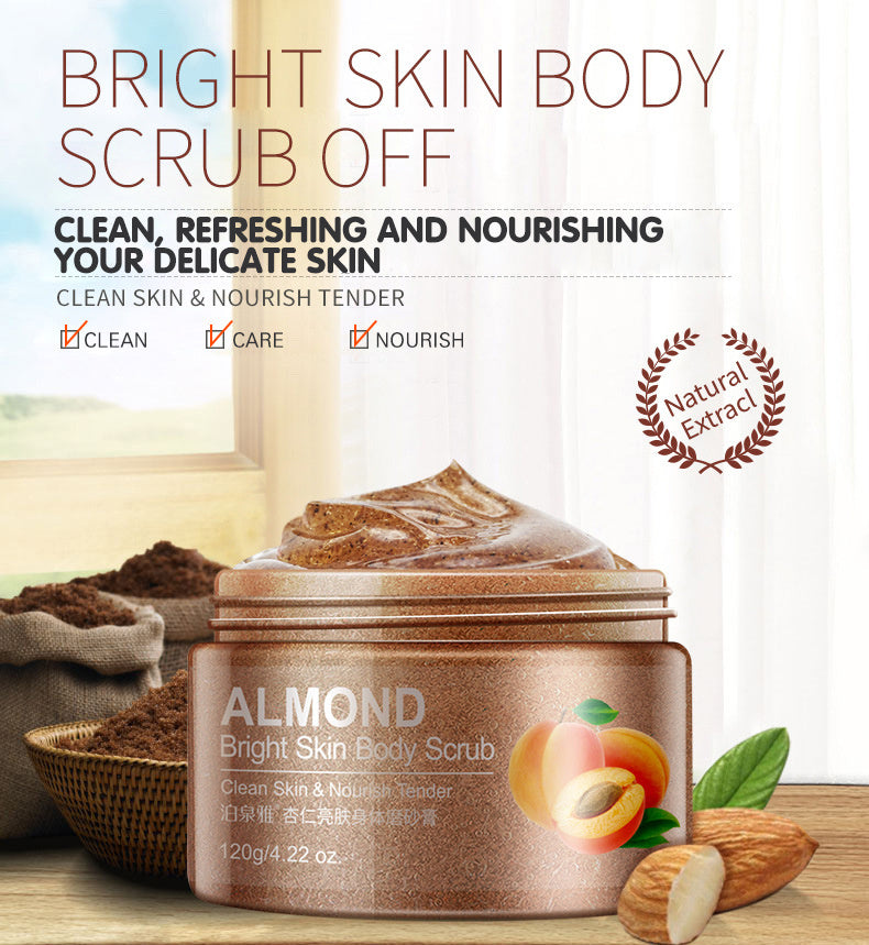 Vorteile des Almond Bright Skin Body Scrubs: Hervorgehobene Eigenschaften wie Reinigung, Pflege und Hautaufhellung.