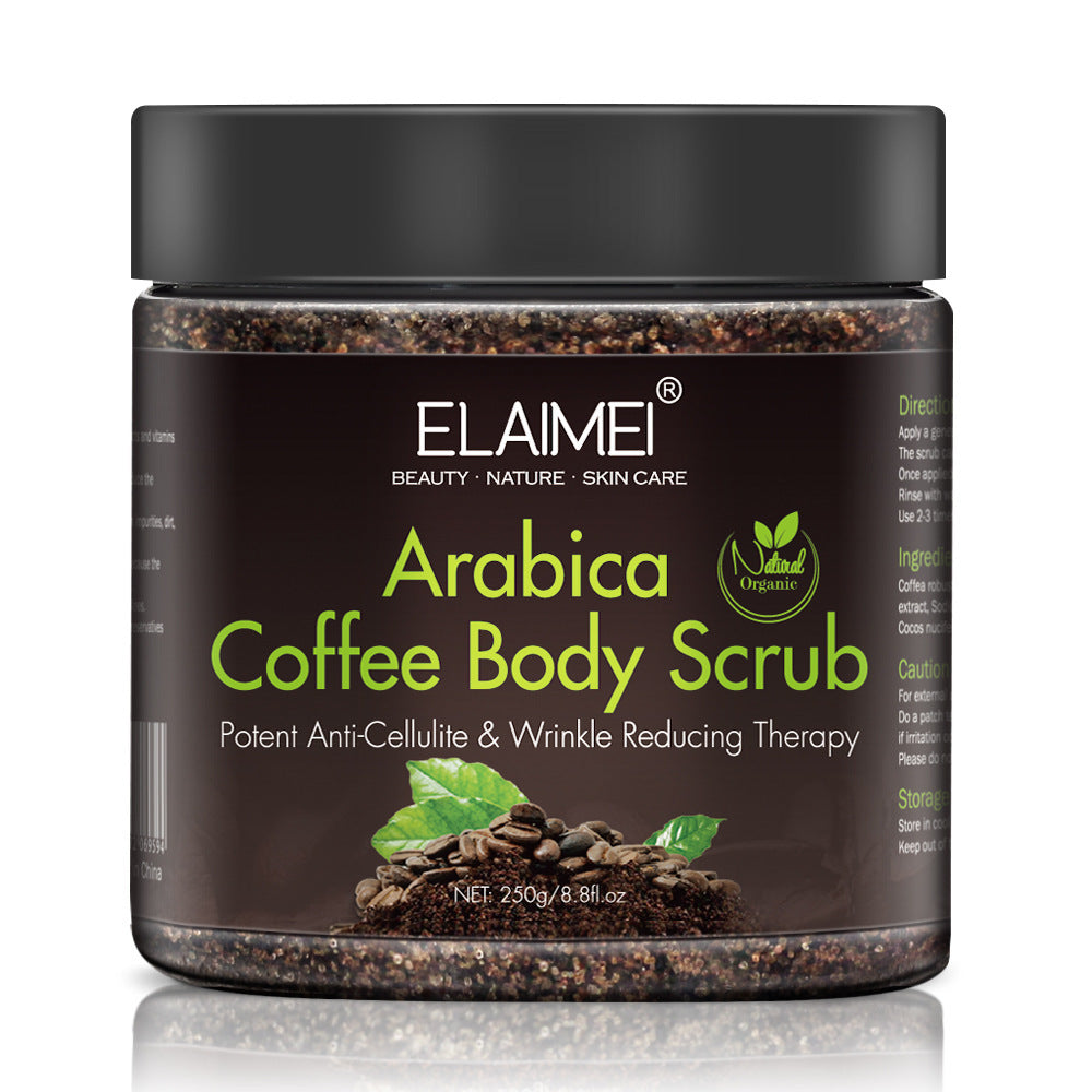 Nahaufnahme des Arabica Coffee Body Scrub im Glasbehälter.