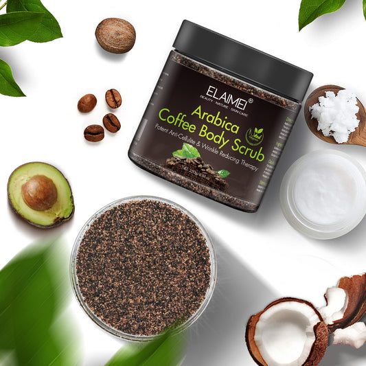 Arabica Coffee Body Scrub mit Avocado, Kaffeebohnen und anderen natürlichen Inhaltsstoffen.