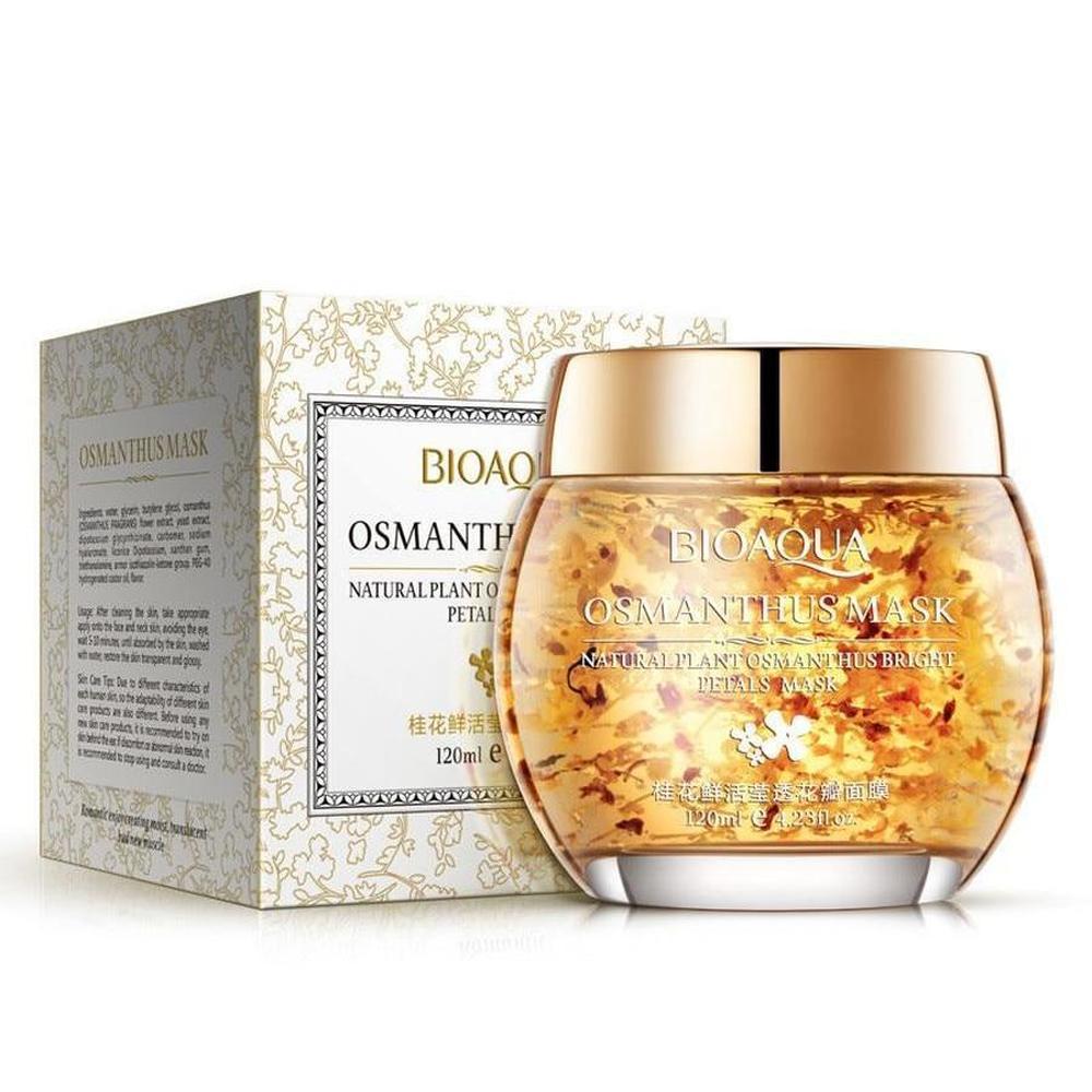 Bioaqua Osmanthus Maske neben ihrer eleganten Verpackung mit blumigem Design.