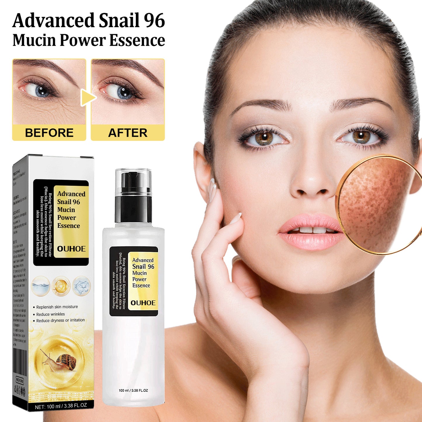 OUHOE Advanced Snail 96 Mucin Power Essence Produktabbildung mit Frau und Hautvergrößerung